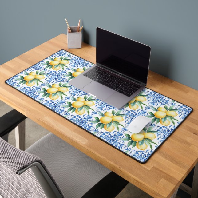 Watercolor Lemon Blue Tile Desk Mat (Office 2)