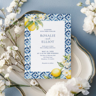 Watercolor Lemon Blue Tile Italian Wedding Invitation