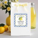 Watercolor Lemon Blue Tile Limoncello Thanks Square Sticker<br><div class="desc">Elegant Watercolor Lemon on Blue Tile Homemade Limoncello Wedding Thank You Stickers</div>