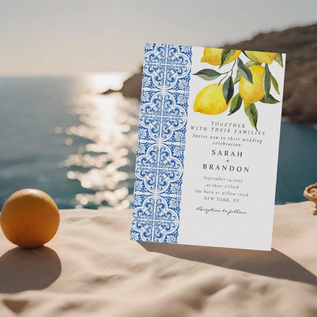 Watercolor Lemon Blue tile Mediterranean Wedding Invitation (Creator Uploaded)