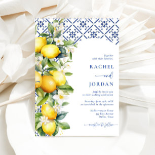 Watercolor Lemon Blue Tile Mediterranean Wedding Invitation