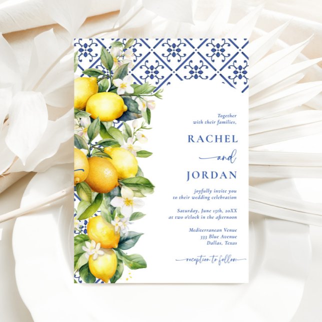 Watercolor Lemon Blue Tile Mediterranean Wedding Invitation (Creator Uploaded)