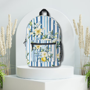 Watercolor Lemon Blue White Stripe Printed Backpack