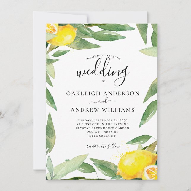 Watercolor Lemon Botanical Wedding Invitation (Front)