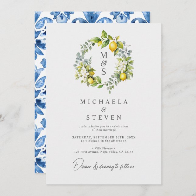 Watercolor Lemon Botanical Wreath Wedding Invitation (Front/Back)