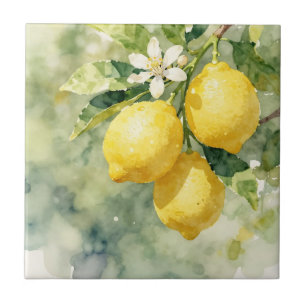 Watercolor Lemon Branch Botanical Summer Ceramic Tile
