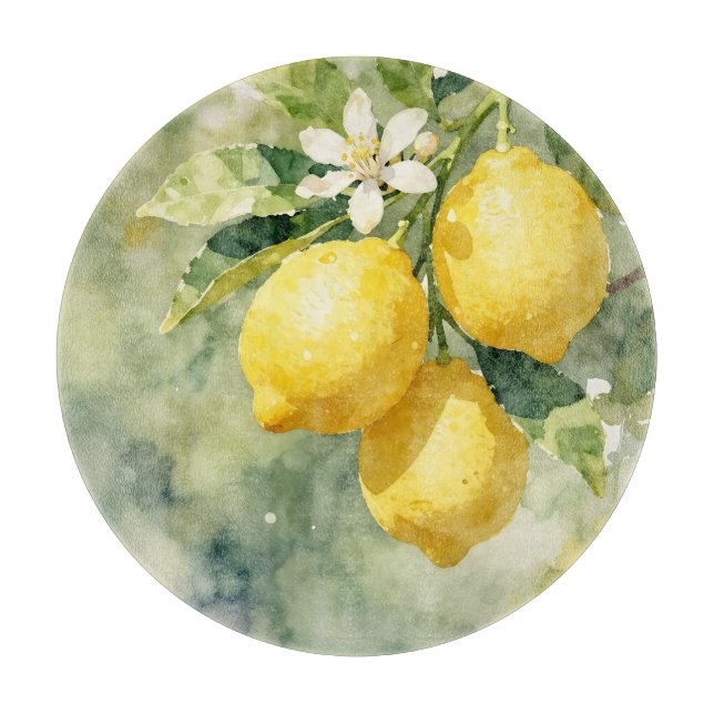Watercolor Lemon Branch Botanical Summer Cutting Board (Front)