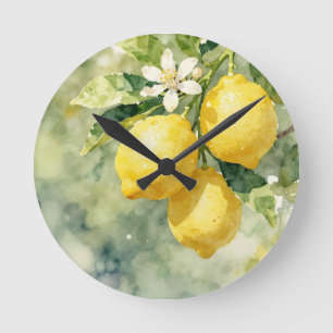 Watercolor Lemon Branch Botanical Summer Round Clock