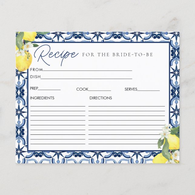 Watercolor Lemon Bridal Shower Recipe Card (Front)