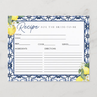 Watercolor Lemon Bridal Shower Recipe Card
