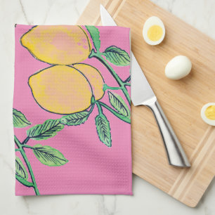 Watercolor Lemon Bunch Hand Painted Pink Tea Towel