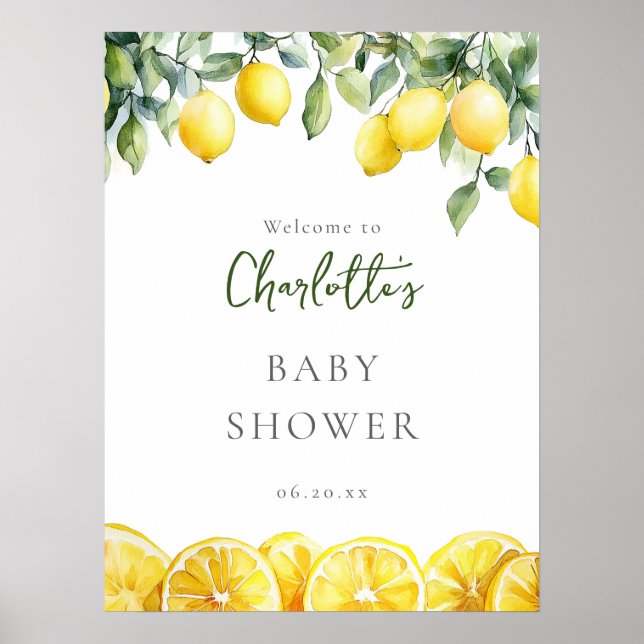 Watercolor Lemon Citrus Baby Shower Welcome Sign (Front)