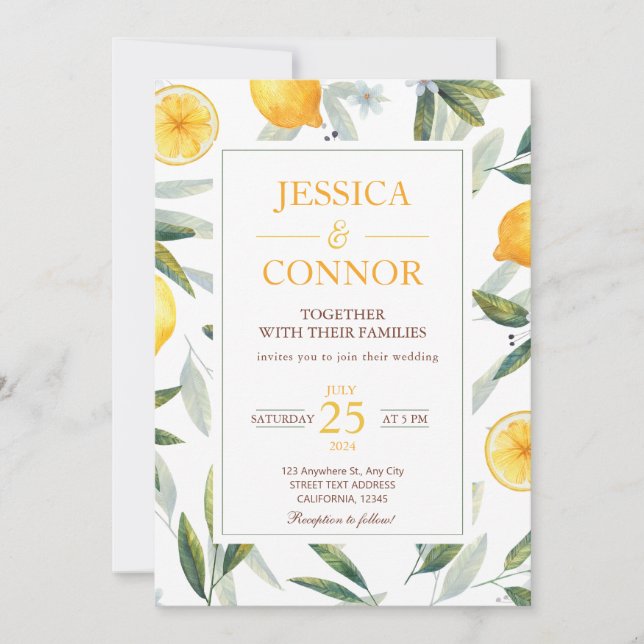 Watercolor Lemon Citrus Floral Modern Wedding  Invitation (Front)