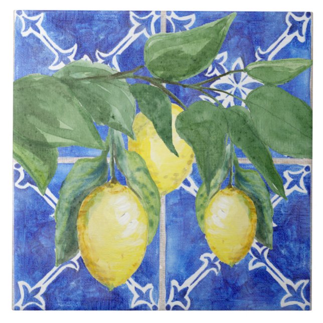 Watercolor Lemon Citrus Foliage Pattern Blue White Ceramic Tile (Front)