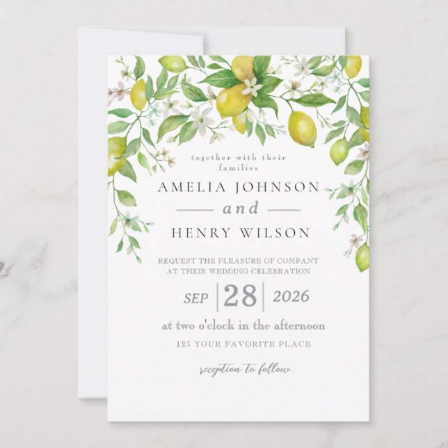 Watercolor Lemon Citrus Fruit Wedding Invitation (Front)