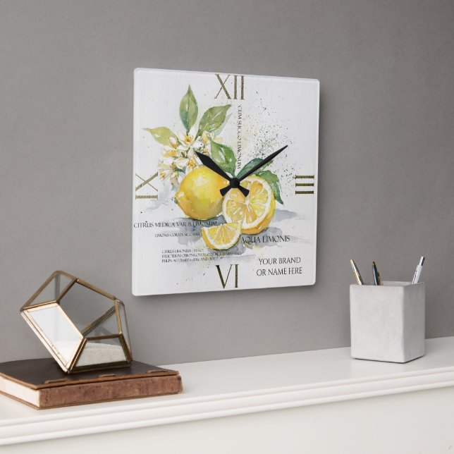 Watercolor Lemon Citrus Fruit With Blossoms Square Wall Clock (Office)
