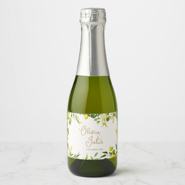 Watercolor Lemon Citrus Green Wedding Sparkling Wine Label (Front)