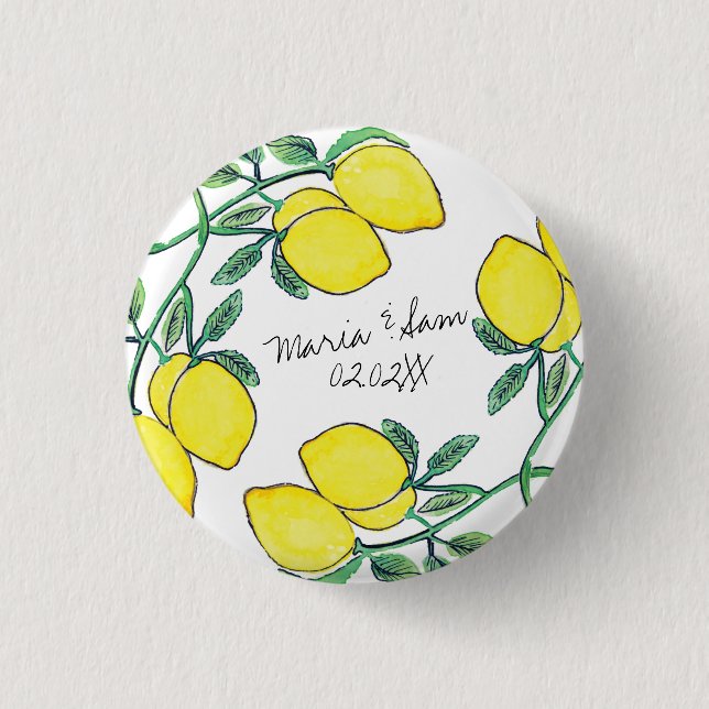 Watercolor Lemon Citrus Script Wedding   3 Cm Round Badge (Front)