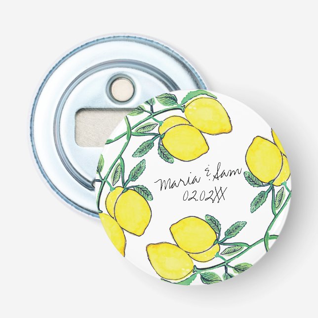 Watercolor Lemon Citrus Script Wedding    Bottle Opener (Front)