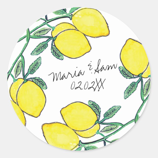 Watercolor Lemon Citrus Script Wedding Classic Round Sticker (Front)