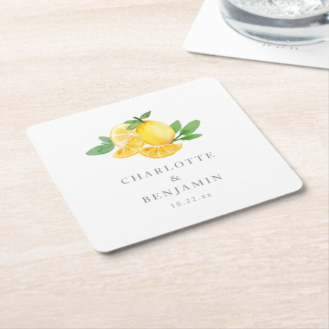 Watercolor Lemon Citrus Summer Wedding Square Paper Coaster (Angled)