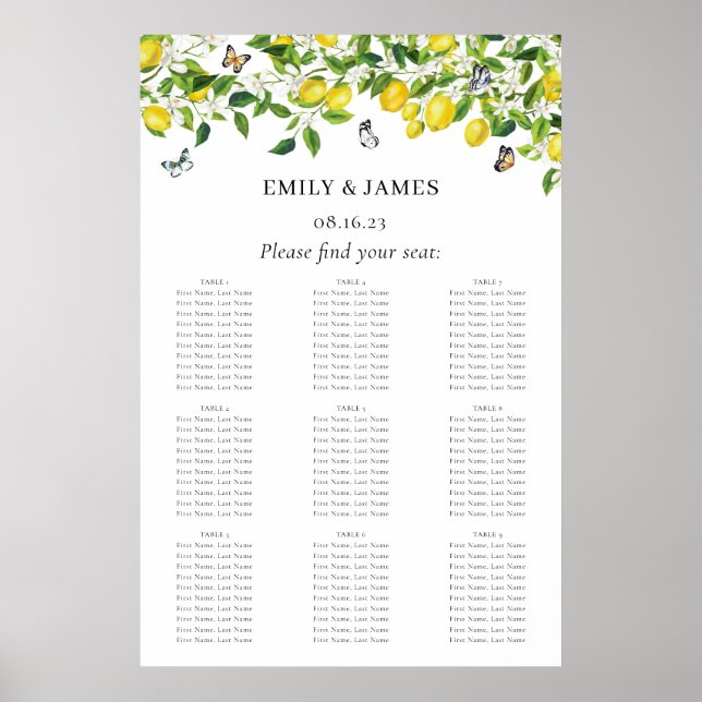 Watercolor Lemon Citrus Wedding Seating Chart (Front)