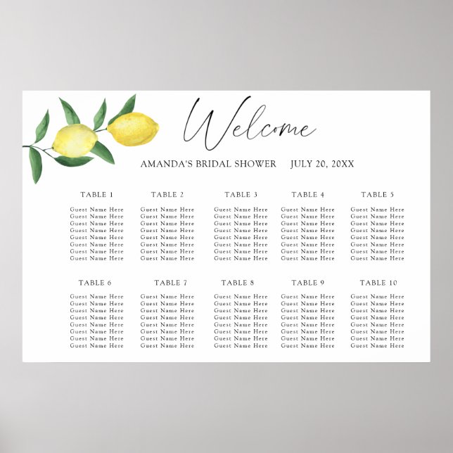 Watercolor Lemon CITRUS wedding seating chart (Front)