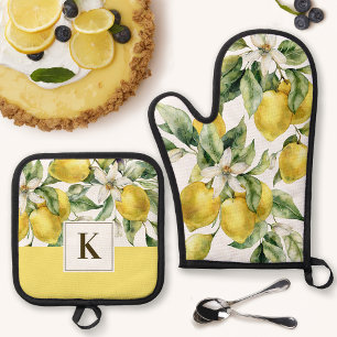 Watercolor Lemon Citrus with Monogram Initial Oven Mitt & Pot Holder Set