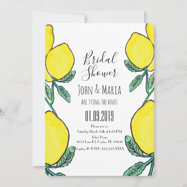 Watercolor Lemon Citrus Yellow Bridal Shower   Invitation (Front)