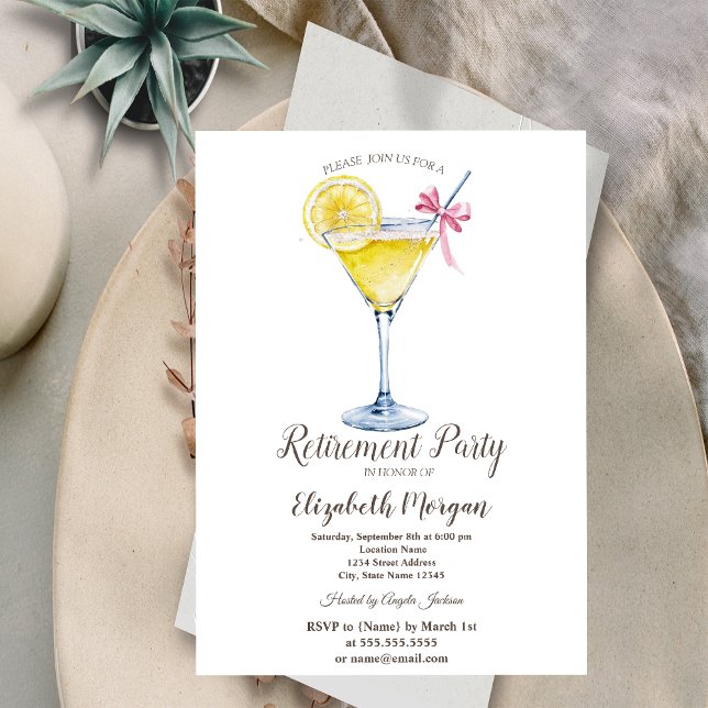 Watercolor Lemon Cocktail Polka Dots Retirement  Invitation (Creator Uploaded)