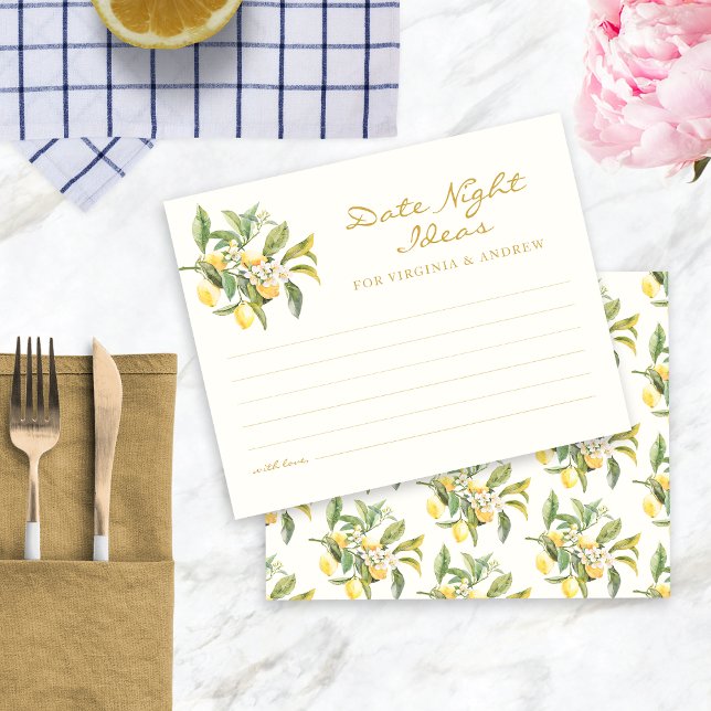 Watercolor Lemon Date Night Card (Watercolor Lemon Floral Bridal Shower Date Night Ideas Card by Painted Paperie
)