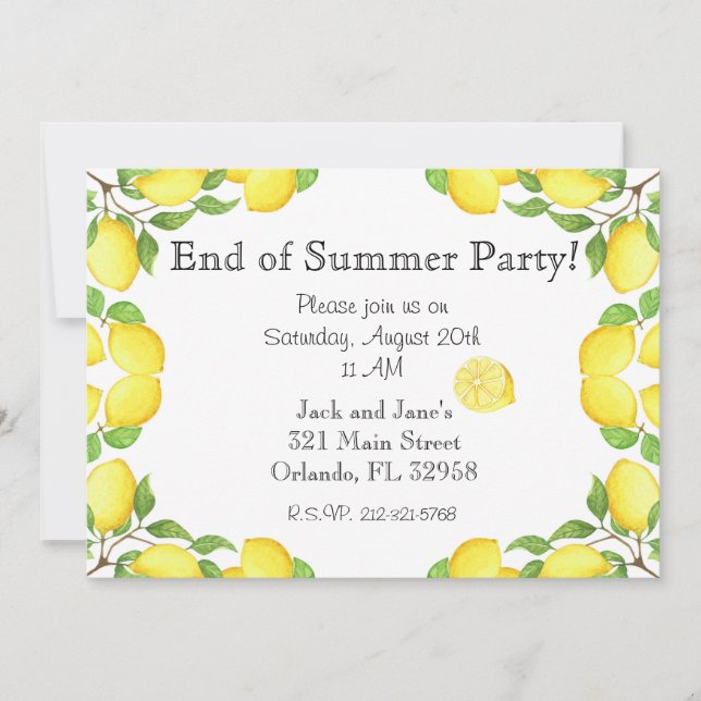 Watercolor Lemon End of Summer Party Invitation (Front)