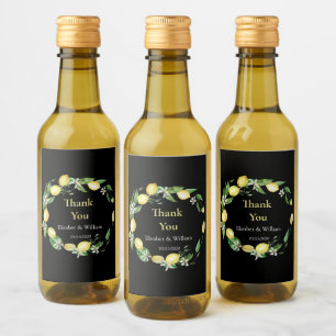 Watercolor Lemon Floral Black Mini Wine Label