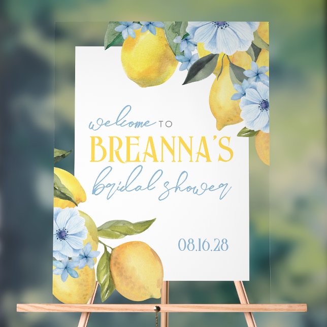 Watercolor Lemon & Flower Acrylic Welcome Sign (Clear Acrylic Warercolor Lemon Main Squeeze Bridal Shower Welcome Sign. Many Size Options Available )
