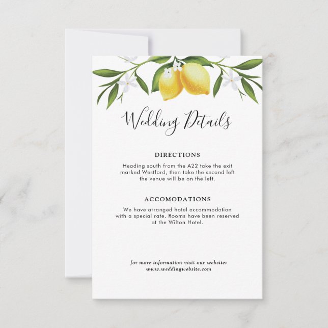 watercolor lemon foliage wedding details card (Front)