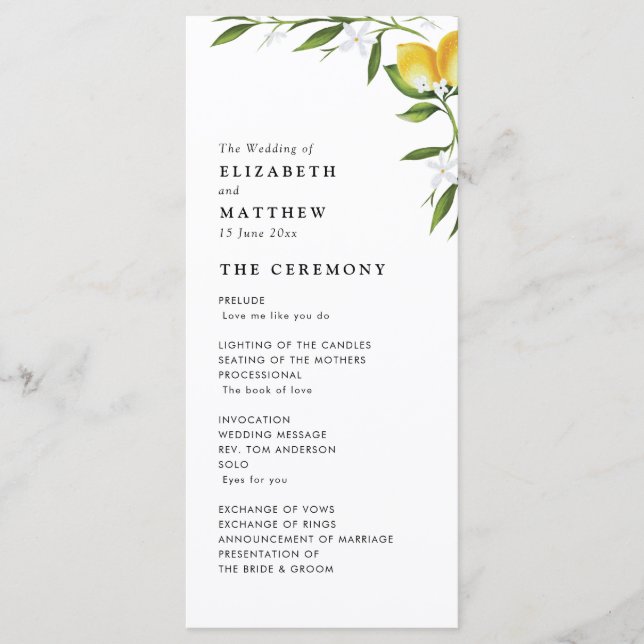 Watercolor lemon foliage wedding program (Front)