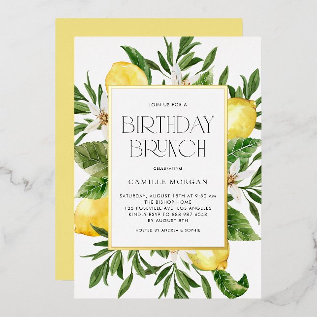 Watercolor Lemon Frame Botanical Birthday Brunch (Front/Back)