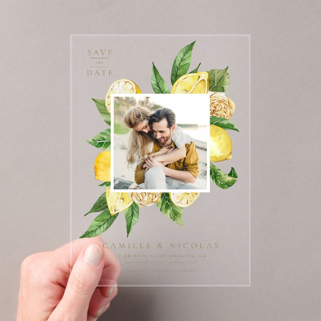 Watercolor Lemon Frame Botanical Photo Acrylic Invitations (Insitu (Handheld))