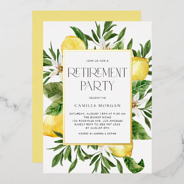 Watercolor Lemon Frame Botanical Retirement Party (Front/Back)
