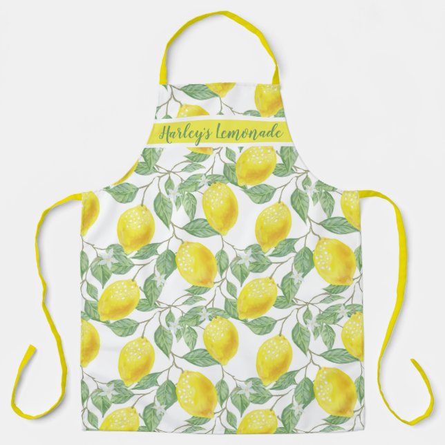 Watercolor Lemon Fruit Leaves Pattern Monogram Apron (Front)