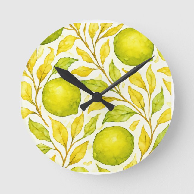 Watercolor Lemon Fruit Seamless Pattern Round Clock (Front)