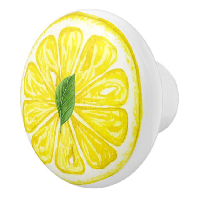 Watercolor Lemon Fruit Slice with Lemon Leaf Ceramic Knob (Right)