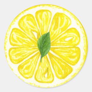 Watercolor Lemon Fruit Slice with Lemon Leaf  Classic Round Sticker