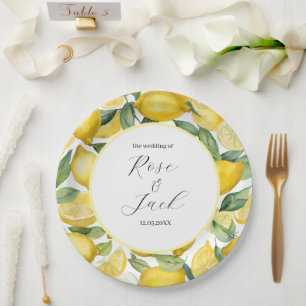 Watercolor Lemon Garden White Wedding Paper Plate