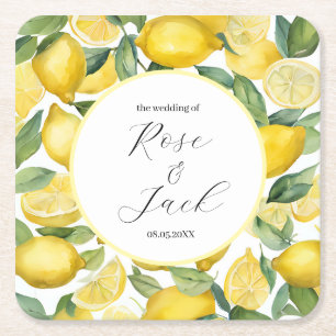 Watercolor Lemon Garden White Wedding Square Paper Coaster