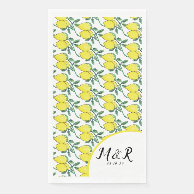 Watercolor Lemon Greenery Citrus Yellow Wedding  Napkin (Front)