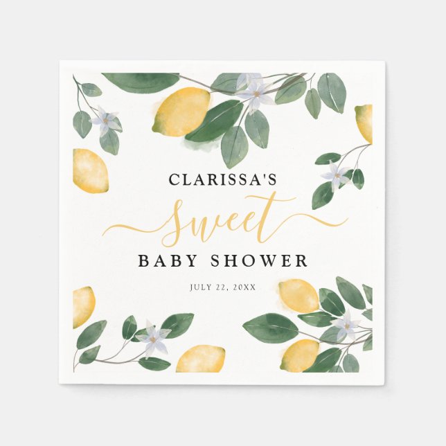 Watercolor Lemon & Greenery Sweet Baby Shower Napkin (Front)