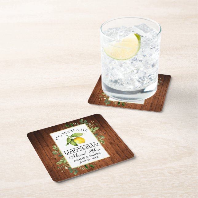 Watercolor Lemon Greenery Wood Limoncello Square Paper Coaster (Insitu)