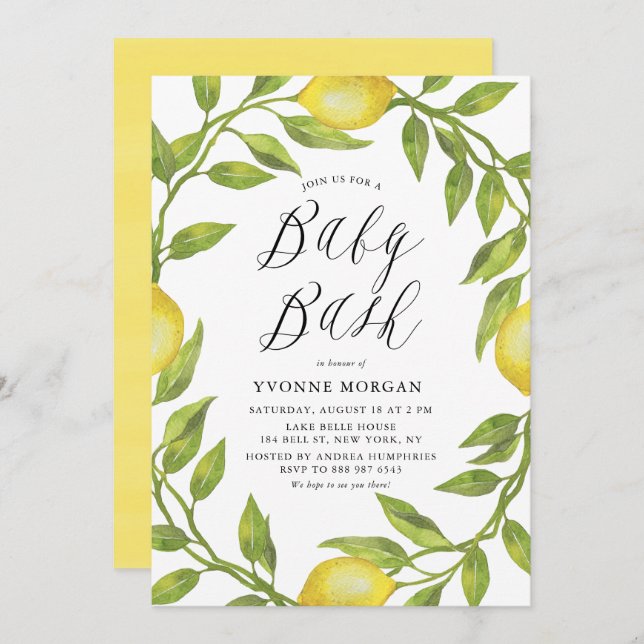 Watercolor Lemon Greenery Wreath Baby Shower Bash Invitation (Front/Back)