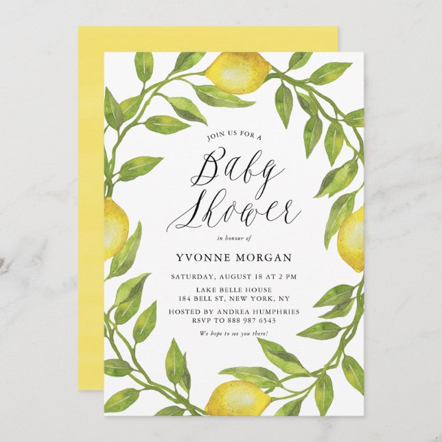 Watercolor Lemon Greenery Wreath Baby Shower Invitation (Front/Back)